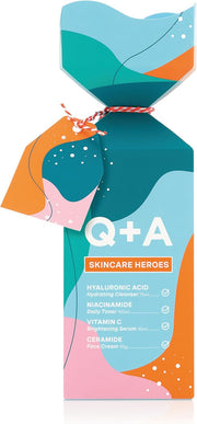 Q+A Skincare Heroes Gift Set Bundle, Giftset contains Hyaluronic Acid Hydrating Cleanser 75ml, Vitamin C Brightening Serum 30ml, Ceramide Face Cream 50g, and Niacinamide Daily Toner 100ml