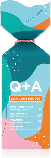 Q+A Skincare Heroes Gift Set Bundle, Giftset contains Hyaluronic Acid Hydrating Cleanser 75ml, Vitamin C Brightening Serum 30ml, Ceramide Face Cream 50g, and Niacinamide Daily Toner 100ml