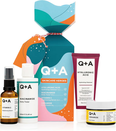 Q+A Skincare Heroes Gift Set Bundle, Giftset contains Hyaluronic Acid Hydrating Cleanser 75ml, Vitamin C Brightening Serum 30ml, Ceramide Face Cream 50g, and Niacinamide Daily Toner 100ml