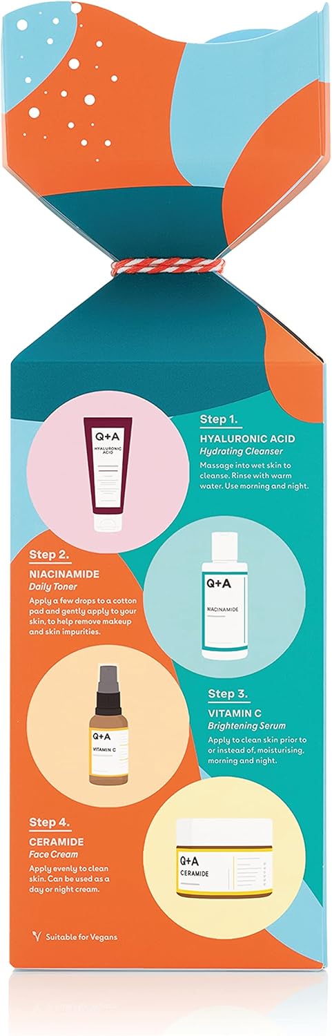 Q+A Skincare Heroes Gift Set Bundle, Giftset contains Hyaluronic Acid Hydrating Cleanser 75ml, Vitamin C Brightening Serum 30ml, Ceramide Face Cream 50g, and Niacinamide Daily Toner 100ml