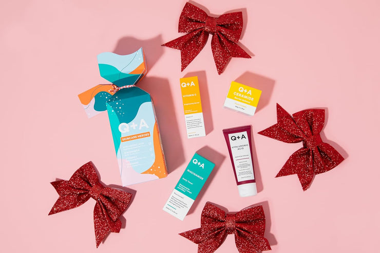 Q+A Skincare Heroes Gift Set Bundle, Giftset contains Hyaluronic Acid Hydrating Cleanser 75ml, Vitamin C Brightening Serum 30ml, Ceramide Face Cream 50g, and Niacinamide Daily Toner 100ml